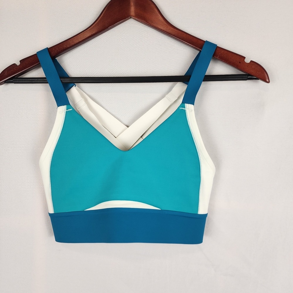 Brooks Drive Interlace Run Bra Blue Green Ivory‎ Laced Back Women's Size 30C/D